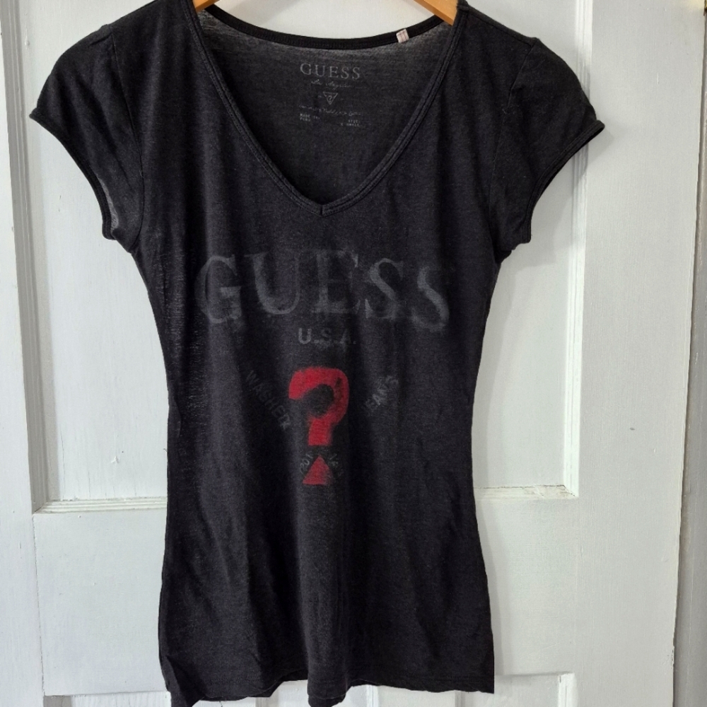 Guess Vintage Y2K V Neck Logo Tee Black Sz XS